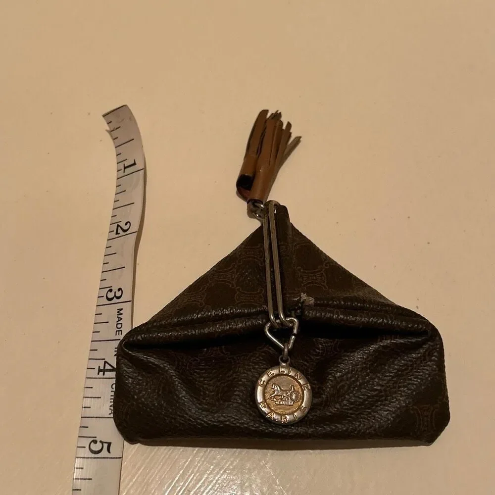Celine Macadam Coin Case Pouch Brown Logo Print Leather Luxury Charm Tassle